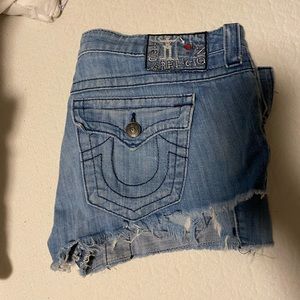 True religion distressed patch denim shorts